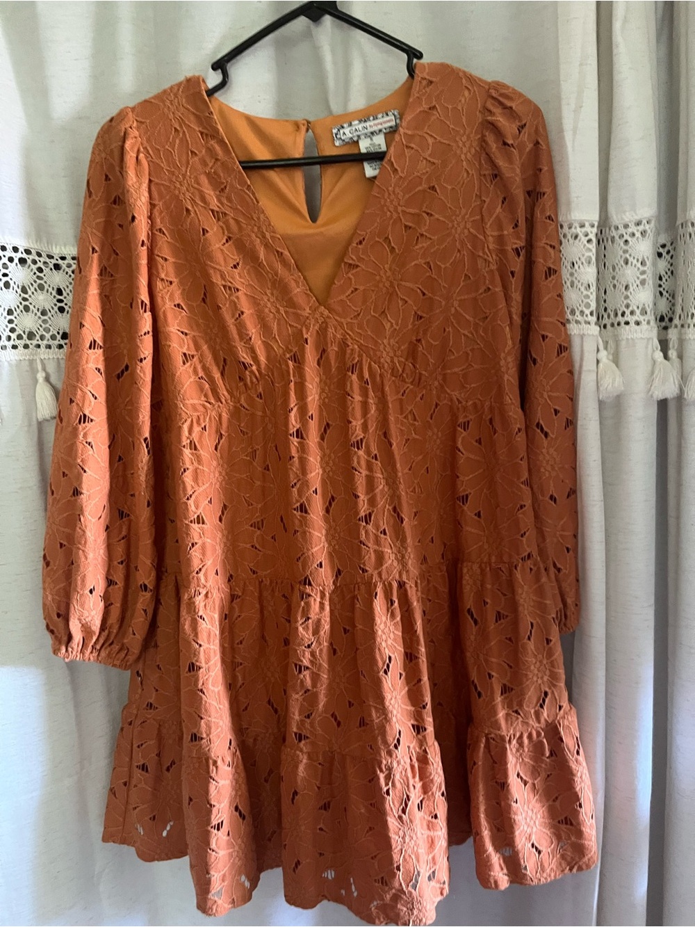 Flying Tomato Rust Orange Lace Tiered V-Neck Mini Dress